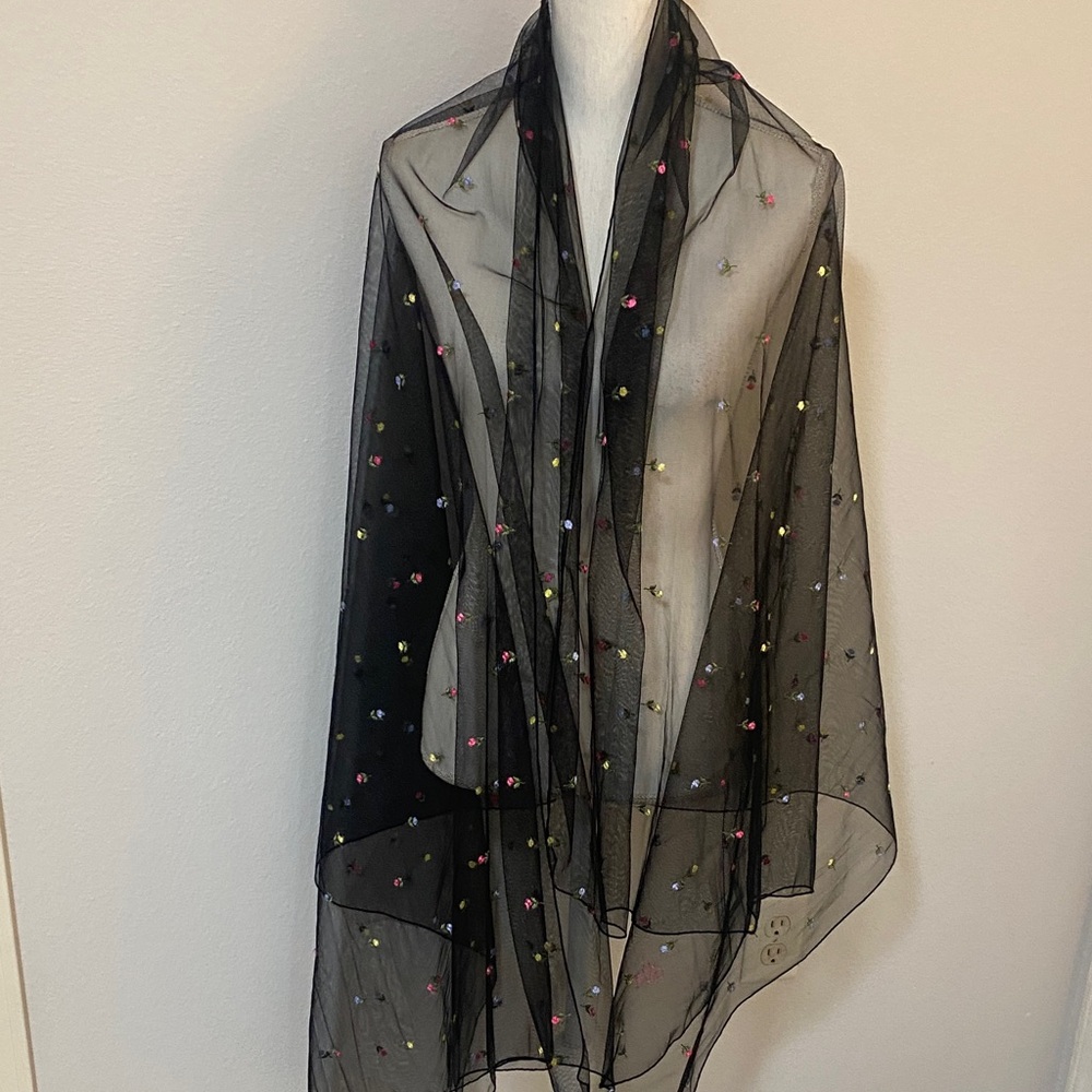 Elegant Black Sheer Scarf with Colorful Embellishments